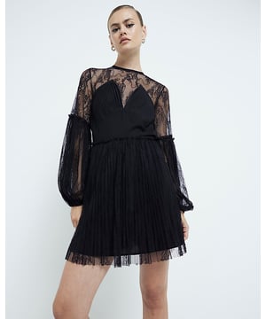 Lace fabric, Round neck, Long sleeves, Mini length