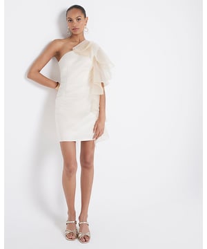 Ruffle detail, One shoulder design, Asymmetric neckline, Sleeveless, Mini length