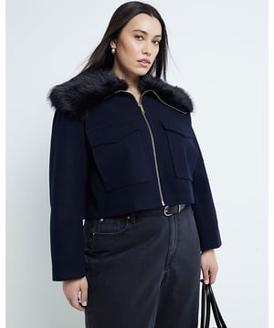 Plus collection, Faux fur collar, Cropped, Pockets, Zipped fastening, Long sleeved, Plus sizing