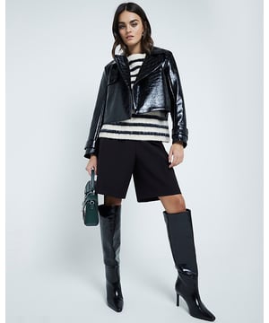 Faux leather fabric, Cropped, Button fastening, Long sleeves
