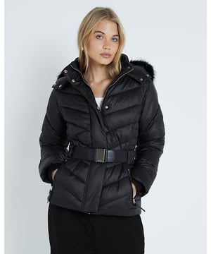 Faux fur fabric, Hooded, Long sleeves, Padded, Button and zip fastening, Belted, Front pockets