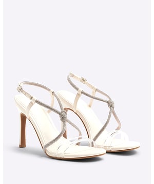 Wide fit, Faux leather fabric, Diamante detail, Strapped detail, Buckle fastening, Open toe, Backless, Skinny heels, Heel height: 5cm