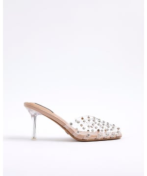 Perspex, Caged design, Skinny heel, Round open toe, Diamante embellished, Slip on, Heel height: 10cm