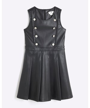 Faux leather fabric, Sleeveless, Pleated detail, Back zipped fastening, Decorative buttons