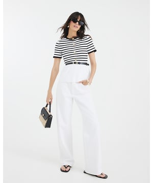 Striped, Knitted, Round neckline, Short sleeves, Decorative buttons, Belted, Peplum hem