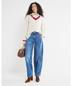 Knitted, Collared, Quarter zip, Stripe trim detail, Long sleeves, Side hem splits