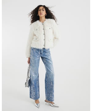 Relaxed straight fit, Denim fabric, High waisted, Snake print, Belt loops, Classic 5 pockets, Button and zip fastening