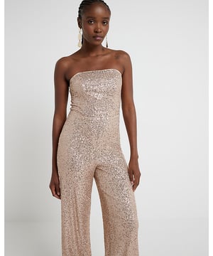 Sequin fabric, Bandeau neckline, Sleeveless, Wide leg, Zip fastening