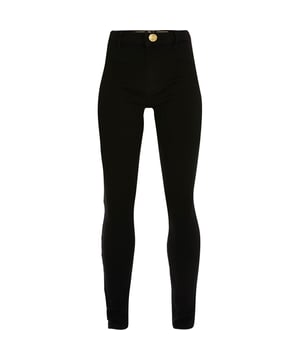 Black denim fabric, Mid rise, Belt loops, Button fastening, Pocket detail, Back patch pockets