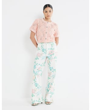 Petite collection, Denim fabric, Floral print, High rise, Flared leg, Belt loops, Decorative pockets, Zip and button fastening