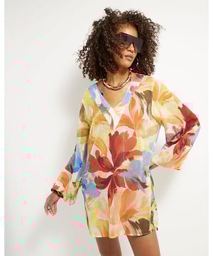 Abstract print, V-neck, Long sleeves, Tie fastening, Mini length