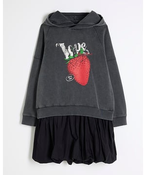 Hooded, Washed detail, Graphic 'Love strawberry' print, Long sleeved, Bubble hem