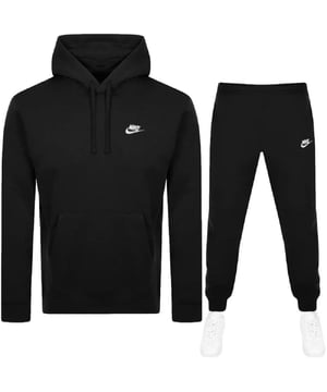 Upgrade your off-duty style with the Nike Black Club Hooded Tracksuit. Crafted from soft, brushed-back fleece for all-day comfort, this matching set includes a classic pullover hoodie with an adjustable drawstring and a front kangaroo pocket, paired with tapered joggers featuring an elastic waistband and ribbed cuffs for a snug fit. Finished with the iconic Nike Swoosh on both pieces, it’s the perfect blend of sporty style and everyday comfort.