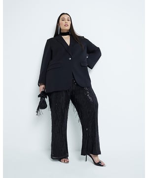 Plus collection, Sequin fabric, Wide leg, Tailored, Sequin detail, Fringe detail, Plus sizing