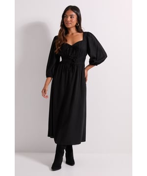 Elegant shirred bodice with feminine sweetheart neckline
        Flattering tie detail at waist to enhance silhouette
        Voluminous three-quarter length balloon sleeves for added drama
        Flowing midi length skirt with gentle gathering
        Versatile design perfect for day-to-evening transitions
    
    This Dorothy Perkins midi dress combines timeless elegance with contemporary styling. The shirred bodice creates a beautifully textured effect while the sweetheart neckline frames your dcolletage with feminine charm. The waist tie detail allows for a customised fit that accentuates your natural shape. Style with ankle boots and gold hoop earrings for casual brunches with friends, or dress up with block heels and a structured handbag for family gatherings and baby showers. The viscose fabric offers comfortable wear throughout the day, with the midi length providing just the right amount of coverage whilst remaining on-trend. Layer with a cropped cardigan and flat pumps for cooler days, or wear as is when the weather permits for an effortlessly chic look that transitions seamlessly from day to evening.
