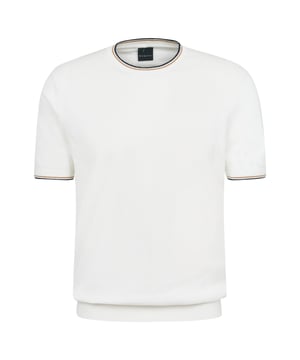 Das bugatti Strick-T-Shirt aus 100 Prozent Baumwolle bietet einen entspannten und bequemen Sitz. Mit weichen Rippenbündchen und stilvollen Kontraststreifen kombiniert dieses T-Shirt klassischen Komfort mit einem Hauch von Eleganz. Ein dezentes Flaglabel an der Seitennaht rundet das Design ab, ideal für einen lässigen, aber gepflegten Alltagslook.