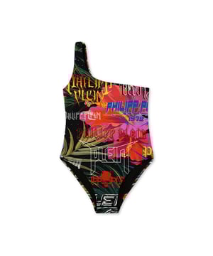 El estampado integral de inspiración tropical es la característica clave de este bañador de un solo hombro de licra.