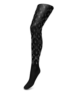 Zwarte nylon panty, overal verrijkt met een monogrampatroon van strassteentjes.