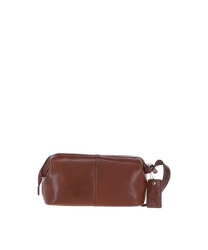 Crafted from rugged, full-grain leather, this vintage-style washbag features a spacious main compartment with a zip closure, 1 outer zip pocket for easy-access items, and 3 internal pockets to keep toiletries neatly organized. Its distressed finish adds a timeless, masculine edge, while gold-coloured hardware enhances the classic design. Dimensions: 26 cm (L) x 12 cm (W) x 13 cm (H).