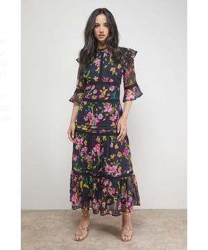 Chiffon Lace Insert Midi Dress