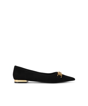 This Kurt Geiger Kingsley Pointed Flat is a ballet style slip on shoe. There are two antiqued brass padlock's on the pointed toe.