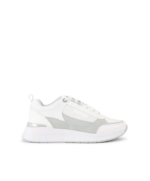 This KG Kurt Geiger Johnno sneaker is crafted from a white and grey leather alternative. There are tubular laces with grey branded metal details across the sneaker.