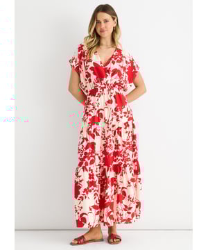 Entdecken Sie mühelosen Stil mit unserem roten Maxikleid mit elastischem Bund und Blumenmuster. Das lebhafte rote Blumenmuster sorgt für einen auffälligen Look, während der elastische Bund den ganzen Tag über bequemen Tragekomfort bietet. Perfekt für Sommerausflüge oder mit Accessoires aufgepeppt für Abendveranstaltungen. Die fließende Maxikleid-Silhouette schmeichelt jeder Figur und erfordert nur minimalen Styling-Aufwand.