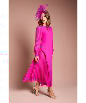 Long Sleeve Pleated Crepe Maxi Dress
