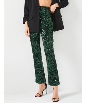 V BY VERY GREEN SLIM LEG SEQUIN TROUSERS