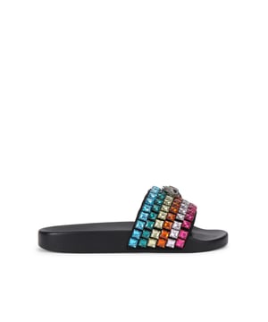 This Carvela Meena Eagle sandal slips onto the foot with a black moulded footbed. The toe strap is designed in the rainbow Kensington weave with Kurt Geiger London branding on a crystal coated canvas. There is an antiqued silver eagle head sat on top.