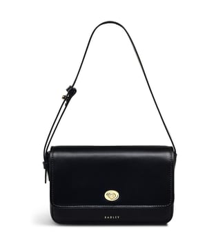 Bolso de mano negro Radley de Magpie Lane para mujeres, fabricado en cuero. Características: herrajes dorados, cierre de bloqueo por giro, secciones interiores para tarjetas, bolsillo trasero deslizante y medidas de 20 x 12 x 4 cm.
