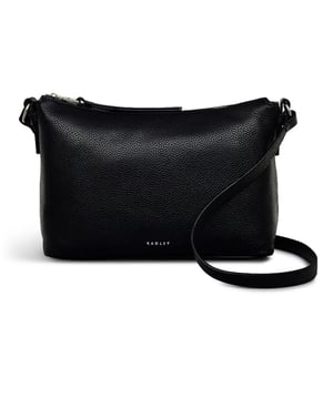 Bolso pequeño negro Radley Bella para mujer, fabricado con cuero. Presenta: correa cruzada desmontable, cuero de grano completo, bolsillos interiores, cierre superior con cremallera y dimensiones de 27 x 18 x 9 cm.