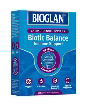 Bioglan Biotic Balance Extra Strength Capsules support digestive health and immune system. Each capsule contains 50 billion live cultures from four strains: Lactobacillus Acidophilus, Lactobacillus Rhamnosus, Bifidobacterium Longum, and Saccharomyces Boulardii. Enhanced with Vitamin C, these capsules maintain the balance of good bacteria in your gut, especially during stress or dietary changes. With fridge-free technology, enjoy guaranteed potency without refrigeration. Suitable for vegans, take one capsule daily with a cold drink to elevate your wellness routine.
