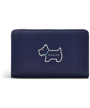 Blauwe Radley Heritage damesportemonnee, gemaakt van leer. Met: tien kaartvakken, ritsvak voor muntgeld, vakken voor briefgeld, sluiting met drukknopen en een hoogte van 9 x 14 x 2 cm.
