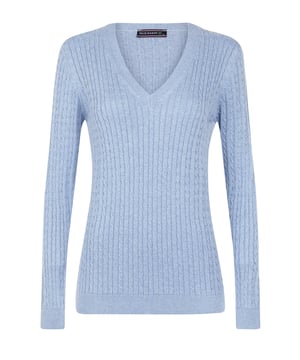 Der Felix Hardy Women's V-Neck Cable Knit Pullover verbindet klassische Textur mit femininer Eleganz. Mit zeitlosem Zopfmuster und schmeichelhaftem V-Ausschnitt bietet dieser Pullover einen weichen, strukturierten Look, der sich perfekt zum Überziehen oder als Einzelstück tragen lässt. Rippbündchen an Ärmeln und Saum sorgen für einen definierten Look, während die taillierte Silhouette für eine bequeme und dennoch elegante Passform sorgt. Er eignet sich sowohl für legere Tage als auch für elegante Momente und ist ein vielseitiges Essential, das jede Garderobe mit raffiniertem Charme bereichert.