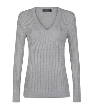 Der Felix Hardy Women's V-Neck Cable Knit Pullover verbindet klassische Textur mit femininer Eleganz. Mit zeitlosem Zopfmuster und schmeichelhaftem V-Ausschnitt bietet dieser Pullover einen weichen, strukturierten Look, der sich perfekt zum Überziehen oder als Einzelstück tragen lässt. Rippbündchen an Ärmeln und Saum sorgen für einen definierten Look, während die taillierte Silhouette für eine bequeme und dennoch elegante Passform sorgt. Er eignet sich sowohl für legere Tage als auch für elegante Momente und ist ein vielseitiges Essential, das jede Garderobe mit raffiniertem Charme bereichert.