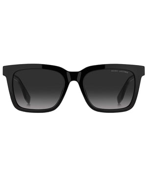 Schwarze Sonnenbrille von Marc Jacobs, Linsenbreite = 53 mm, Nasenstegbreite = 18 mm, Bügellänge = 145 mm, Sonnenbrille, Sonnenbrillenetui, Reinigungstuch und Pflegeanleitung im Lieferumfang enthalten, 100 % Schutz vor UVA- und UVB-Sonnenlicht und entspricht der britischen Norm EN 1836:2005, dunkelgraue SF-Linse. Hergestellt in Italien. Material: 100 % Acetat