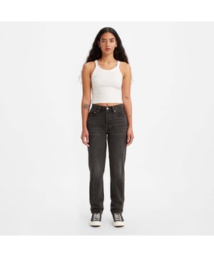 Button fly.5-pocket styling.Non-stretch.High-rise mom jeans with a tapered leg.Fitted through the hip and thigh.