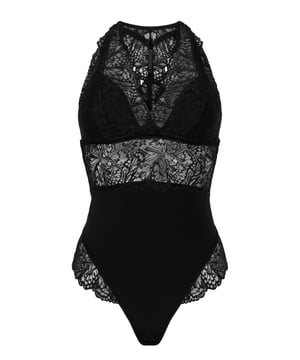 Charmeer in deze prachtige body, gemaakt van netstof en versierd met kanten details aan de halslijn en zijkanten. Decoratieve strikjes voegen een speels tintje toe.