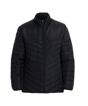 100% Polyester. Fabric: Quilted, Woven. Filling: Synthetic. Design: Logo. Fabric Technology: Heat Retention, Lightweight, Thermoreg. Binding Detail, Padded, Thermal, Zip Guard. Neckline: Fused Stand Up Collar. Sleeve-Type: Long-Sleeved. Cuff: Stretch Binding. Fastening: Full Zip. Hem: Stretch Binding. XS: 36 in. S: 39 in. M: 41 in. L: 43 in. XL: 45 in. XXL: 48 in. 3XL: 51 in. 4XL: 53 in.