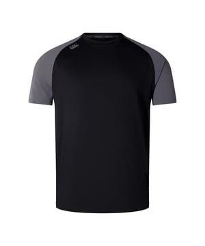 95% Recycled Polyester, 5% Elastane. Fabric: Jacquard, Stretch. Design: Logo, Plain. Sleeve-Type: Contrast Sleeves, Raglan, Short-Sleeved. Neckline: Round Neck. Fabric Technology: Breathable, Lightweight, Moisture Wicking, Quick Dry, Vapodri. Heat Sealed Details. 160gsm. XS: 36 in. S: 39 in. M: 41 in. L: 43 in. XL: 45 in. XXL: 48 in. 3XL: 51 in. 4XL: 53 in.