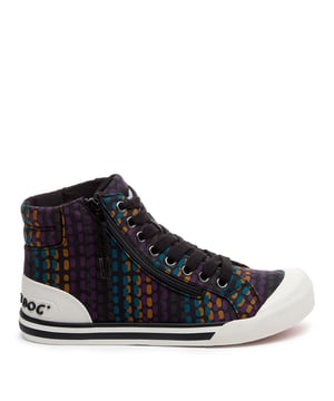 Womens Rocket Dog Cheery Corduroy High Top Trainers in black.When your outfit needs a bit of fun  these Jazzin high-tops are the answer. The bold multicolour cotton upper adds personality without trying too hard  and the side zip means you're out the door in seconds. They’re comfy enough for long walks and cute enough for city brunches  school pick-ups  or that one day you’ve accidentally triple-booked. Soft jersey lining and our signature Plush Foam Comfort Insole mean they feel as good as they look.- Multicolour cotton upper.- Round toe with rubber toe cap.- Side zip and laces.- Signature Rocket Dog branding at tongue and logo heel bumper.- Comfortable jersey fabric lining.- Plush Foam Comfort Insole for softness underfoot.- Rubber platform sole with grip tread.- Platform height: Approx. 3cm- Textile upper  Textile lining  Synthetic sole.- Ref: JAZZINHIKT