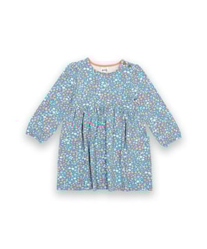 95% organic cotton 5% elastane | Proud to be certified to the Global Organic Textile Standard (GOTS) | Winter woodland all-over print | French blue | Single jersey with a little bit of stretch (180-190 gsm) | Classic style dress | Coconut button shoulder opening (up to and including 3 years) | Side patch pockets | Long sleeved | Elasticated cuffs | Round neck | Made in Turkey | Machine washable at 40 degrees, or at 30 degrees to be kinder to the planet