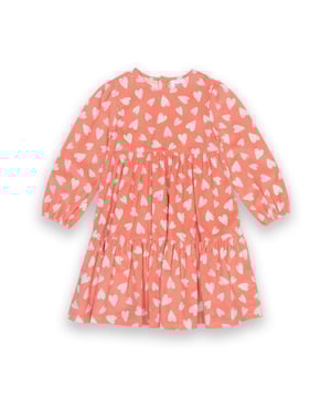 100% organic cotton | Proud to be certified to the Global Organic Textile Standard (GOTS) | Love you all-over print | Salmon pink | 18 wale cord (150-160 gsm) | Tiered style dress | Back zip opening | Long sleeved | Elasticated cuffs | Round neck | Made in India | Machine washable at 40 degrees, or at 30 degrees to be kinder to the planet