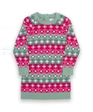 100% organic cotton | Proud to be certified to the Global Organic Textile Standard (GOTS) | Flower jacquard knit | Green and pink | 7-gauge midweight jacquard knit | Coconut button back opening | Long sleeved | Ribbed cuffs, hem and neckline | Round neck | Made in India | Machine washable at 40 degrees, or at 30 degrees to be kinder to the planet