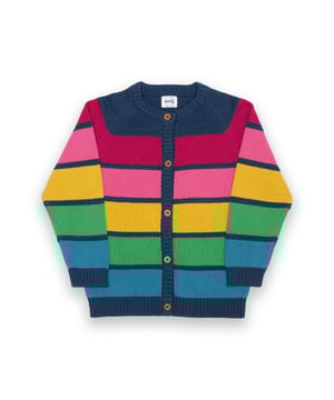 100% organic cotton | Proud to be certified to the Global Organic Textile Standard (GOTS) | Rainbow knitted stripe | 7-gauge plain and crochet knit | Long sleeved | Ribbed neck, cuffs and hem | Round neck | Made in India | Machine washable at 40 degrees, or at 30 degrees to be kinder to the planet