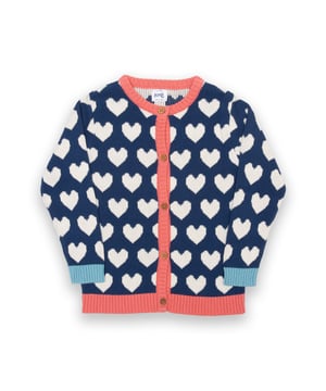100% organic cotton | Proud to be certified to the Global Organic Textile Standard (GOTS) | Heart jacquard knit | Navy blue | 7-gauge ladder back knit | Coconut button fastening | Long sleeved | Iceberg blue ribbed cuffs and salmon pink ribbed neck and hem | Round neck | Made in India | Machine washable at 40 degrees, or at 30 degrees to be kinder to the planet