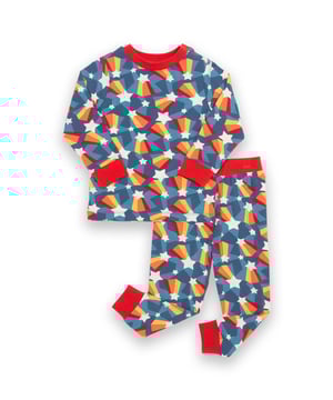 95% organic cotton 5% elastane | Proud to be certified to the Global Organic Textile Standard (GOTS) | Shooting star all-over print | Rainbow | Single jersey with a little bit of stretch (180-190 gsm) | Two-piece set | Slim fit | Popper shoulder opening (up to and including size 3 years) | Long sleeved | Ribbed cuffs | Elasticated waistband | Round neck | Made in Turkey | Machine washable at 40 degrees, or at 30 degrees to be kinder to the planet