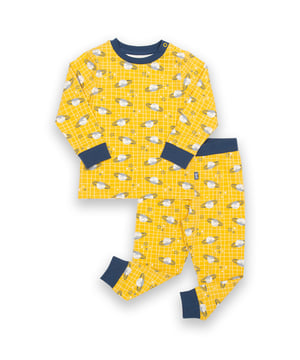 95% organic cotton 5% elastane | Proud to be certified to the Global Organic Textile Standard (GOTS) | Happy planet all-over print | Sweetcorn yellow | Single jersey with a little bit of stretch (180-190 gsm) | Two-piece set | Slim fit | Popper shoulder opening (up to and including size 3 years) | Long sleeved | Ribbed cuffs | Elasticated waistband | Round neck | Made in Turkey | Machine washable at 40 degrees, or at 30 degrees to be kinder to the planet