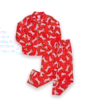 100% organic cotton | Proud to be certified to the Global Organic Textile Standard (GOTS) | Snow leopard all-over print | Red | Twill flannel (brushed on the inside) | Two-piece set | Coconut button front opening | Long sleeved | Elasticated waistband with adjustable ties | Piping detail | Made in India | Machine washable at 40 degrees, or at 30 degrees to be kinder to the planet